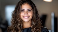 Young Hispanic businesswoman with wavy brown hair smiling confidently in modern office environment for professional corporate marketing materials.