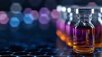 Amber glass bottle with golden liquid on dark surface with blurred neon lights, suitable for cosmetics, perfume, essential oils, and pharmaceutical product packaging design.