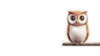Cute cartoon owl with big eyes perched on branch against white background. Adorable bird character for children's books, educational materials, logos.