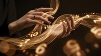 Young woman hands manipulating glowing golden energy streams with magical light effects against dark background for fantasy and supernatural concepts.