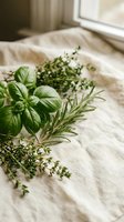 Fresh aromatic herbs including basil, rosemary and thyme arranged on natural linen fabric by sunny window for culinary cooking and kitchen preparation.