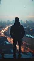 Silhouette of man standing on rooftop overlooking city lights at dusk, urban landscape with glowing street lights and misty evening atmosphere creates moody scene.