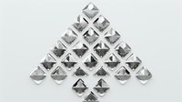 Minimalist geometric composition with metallic silver pyramid shapes arranged in triangular pattern on light background, creating modern architectural abstract design.