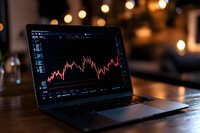 Laptop displaying financial trading chart with red market data on dark screen, bokeh lights in background, evening workspace atmosphere on wooden desk.
