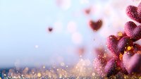 Magical pink glitter hearts with golden bokeh lights floating on soft blue background, romantic festive composition for Valentine's day and love celebrations.