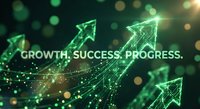 Digital network arrows pointing upward with glowing green lights and bokeh effects symbolizing business growth, success and progress for corporate presentations.