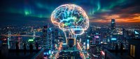 Futuristic digital brain hologram floating above modern city skyline at night with aurora lights, representing artificial intelligence and smart technology concepts.
