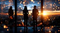 Business team silhouettes against panoramic window at sunset, overlooking city skyline with glowing bokeh lights and digital network overlay. Modern success concept.