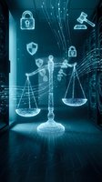Digital justice scales hologram with cybersecurity icons in futuristic courtroom for legal technology and law enforcement applications.