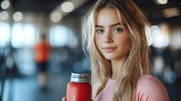 Young blonde woman in pink sweater holding red reusable water bottle at gym, with blurred fitness equipment and bokeh lights in background.