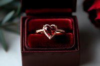 Heart-shaped ruby ring with diamond accents displayed in luxury red velvet jewelry box. Engagement ring for weddings, proposals, and special occasions.