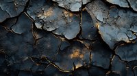 Cracked dark surface with golden light seeping through fissures, creating dramatic texture pattern. Abstract background showing weathered, peeling layers.