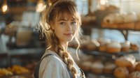 Young female baker with braided hair and warm smile in rustic bakery setting with fresh bread displays and golden ambient lighting creates welcoming atmosphere.