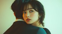 Young Asian woman with red lipstick embracing man in black suit from behind, dramatic moody lighting creates romantic atmosphere against mint green background.