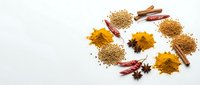 Aromatic spices and herbs scattered on white background including turmeric, coriander, cinnamon sticks, star anise and chili peppers for cooking.