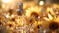 Luminous serum dropper bottle with golden sunflowers and bokeh lights creating magical skincare atmosphere. Luxury cosmetic product photography for beauty industry.