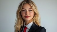 Professional blonde businesswoman in formal suit with red tie against neutral background for corporate presentations and marketing materials.
