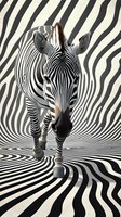 Zebra walking on abstract black and white striped background creating optical illusion effect. Artistic wildlife composition merges animal pattern with surreal environment.