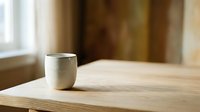 Minimalist ceramic cup on wooden table with soft natural light from window, suitable for home decor, lifestyle, and product photography projects.