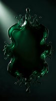 Emerald green liquid frame with organic flowing shapes and splashing water droplets forming ornate border on dark background, suitable for luxury branding and design projects.
