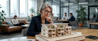 Senior woman with gray hair and glasses examining architectural wooden model in modern office environment with colleagues working in background.