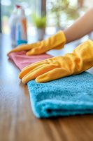 Hands in yellow rubber gloves wiping wooden surface with colorful microfiber cloths, cleaning supplies in background. Focus on protective gloves and cleaning routine.