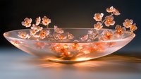 Glowing coral cherry blossoms arranged in elegant oval glass bowl with dramatic lighting creating ethereal atmosphere and soft reflections on smooth surface.