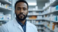African American male pharmacist in white coat looking confidently at camera while standing in pharmacy with medicine shelves in background. Professional healthcare portrait.