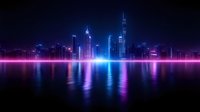 Futuristic night cityscape with neon reflections on water surface, glowing purple and blue lights illuminate modern skyscrapers creating dramatic urban scenery.