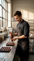 Male pastry chef or chocolatier with dark hair and light skin tone working in professional kitchen, piping chocolate into molds at counter with natural window light, wearing dark apron. Suitable for culinary, food business, artisan craft, and bakery industry content.