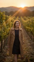 Middle-aged Caucasian woman in beige trench coat walking through vineyard at golden hour sunset with mountains in background for wine tourism and lifestyle.