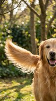 Happy golden retriever dog with flowing ears running outdoors in sunny park with natural bokeh background for pet care and lifestyle content.