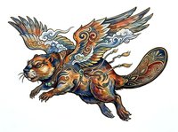 Mythical flying creature with beaver tail and ornate wings in gold, orange and blue tones. Isolated clipart design element suitable for t-shirts, merchandise and graphic projects.