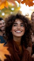 Young mixed-race woman with curly hair smiling joyfully in autumn setting with warm orange bokeh lights and fall foliage creating cozy seasonal atmosphere.