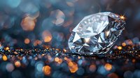 Brilliant diamond with sparkles and light reflections on dark glittering surface against blurred bokeh background in blue and orange tones.