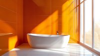 Modern white freestanding bathtub in bright orange bathroom interior with large windows casting dramatic diagonal sunlight and shadows on walls.