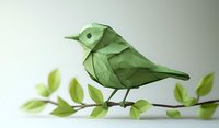Low poly green bird perched on branch with leaves, artistic paper craft style rendering on light background, modern minimalist design aesthetic.