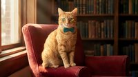 Ginger tabby cat wearing blue bow tie sitting on burgundy armchair in library with bookshelves and window light behind.