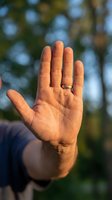 Open palm of a person wearing a ring, backlit by golden sunlight with blurred foliage background, conveying stop gesture or greeting.