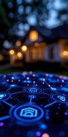 Smart home automation interface with glowing blue icons and connected network against blurred residential house background with warm evening lights.