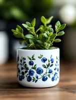 Small succulent plant in white ceramic pot decorated with blueberry pattern design on wooden surface with soft natural lighting and blurred background.