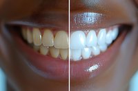 Before and after teeth whitening comparison showing dramatic transformation from yellow stained to bright white smile on African American woman.