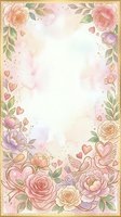 Watercolor floral frame with roses, peonies, hearts, and decorative elements on cream background. Isolated design ready for invitations, greeting cards, and wedding stationery projects.