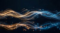 Glowing digital wave lines in blue and gold flow across a dark background with reflections, evoking data transfer and futuristic technology.