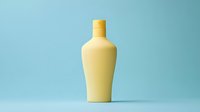 Yellow plastic bottle container on light blue background, minimalist product photography for cosmetic and personal care marketing and advertising purposes.