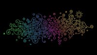 Colorful gradient swirls and decorative elements flowing across black background creating abstract ornamental design for creative projects.