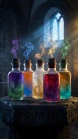 Five colorful magic potion bottles with glowing smoke on a runic stone altar in a dark medieval castle setting.