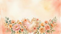 Soft watercolor floral border with peach and pink roses, heart shape, and green leaves on warm beige background for wedding or greeting card.