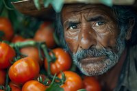 Senior Hispanic farmer with weathered face and gray mustache amid fresh ripe tomatoes on vine, dramatic portrait highlighting agricultural lifestyle and organic farming.