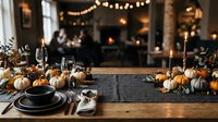 Autumn harvest table setting with small pumpkins, candles, and elegant place settings for fall dinner party or Thanksgiving celebration.